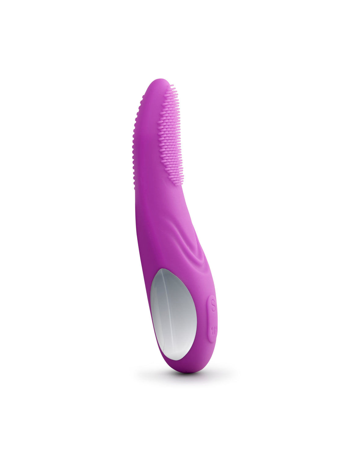 Side view of the Blisshh Charmer personal care device in magenta and white, featuring silicone bristles and ergonomic design for precise stimulation