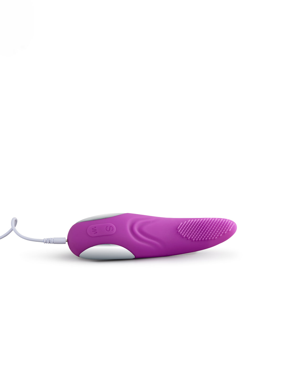 Magenta Blisshh Charmer intimate wellness device shown with charging cable connected, showcasing its ergonomic shape and portable design