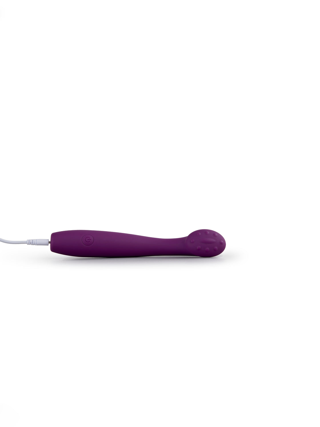 Blisshh Pleaser massager in deep violet shown lying flat with charging cable connected, highlighting portability and user-friendly design.
